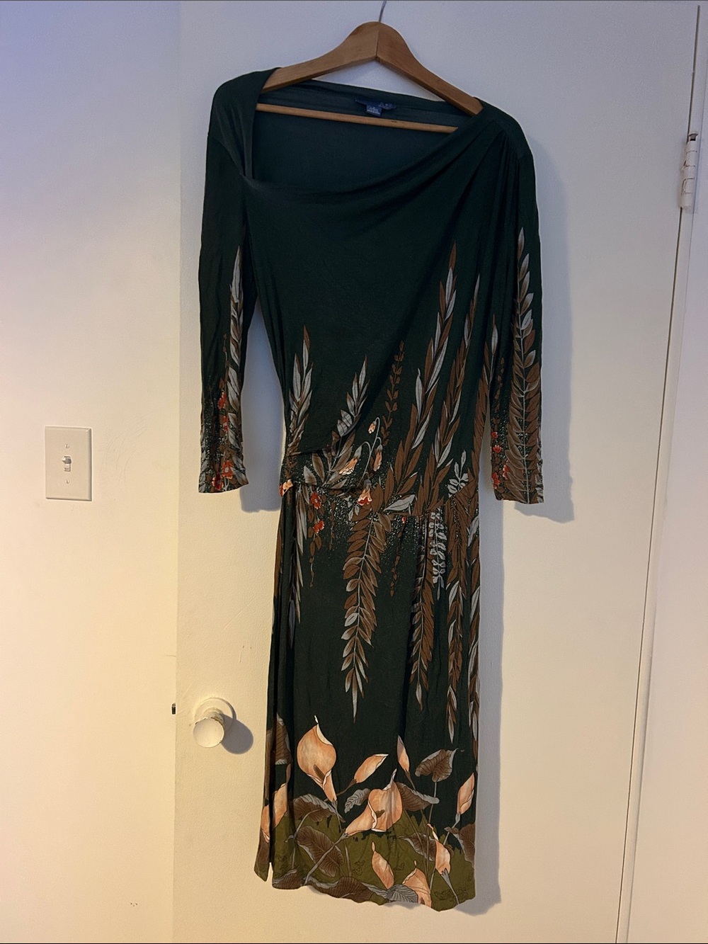 Deep Green Floral Long-Sleeve Midi Dress